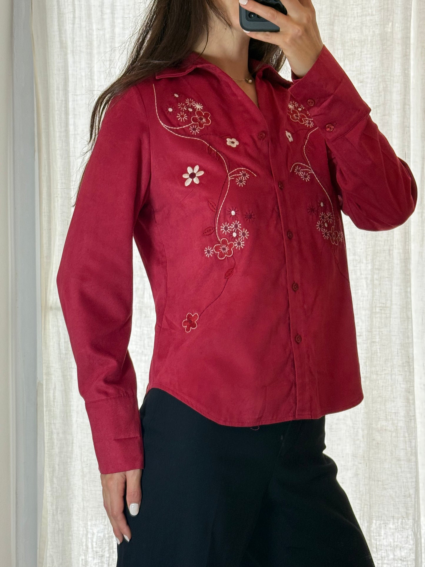 Vintage Red Vegan Suede Button Down Shirt S