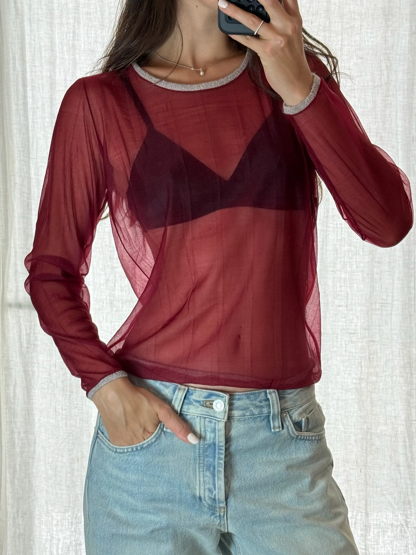 Vintage Y2K Red Sheer Long Sleeve Top S