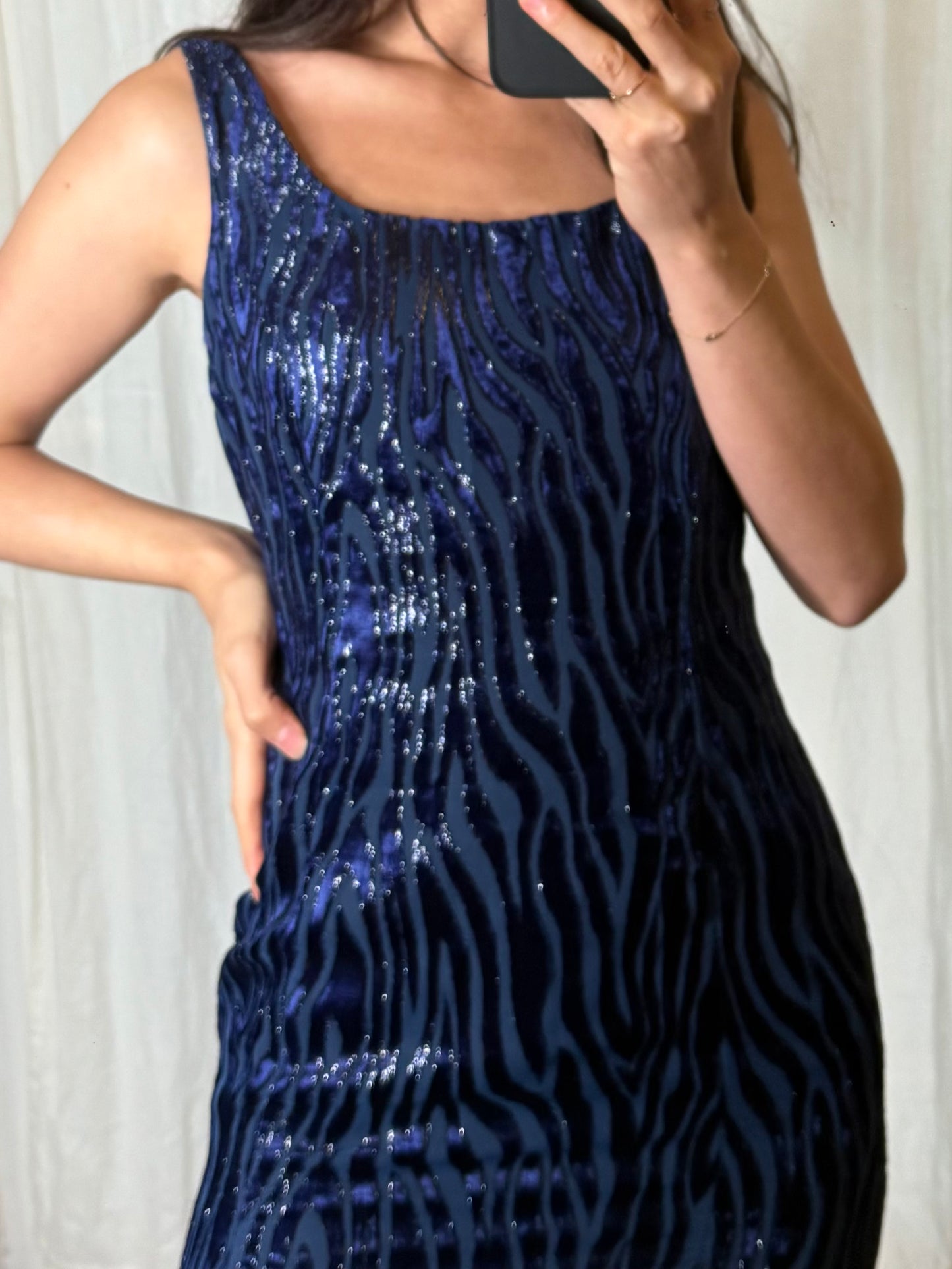 Vintage Blue Velvet Zebra Maxi Dress With Slit S/M