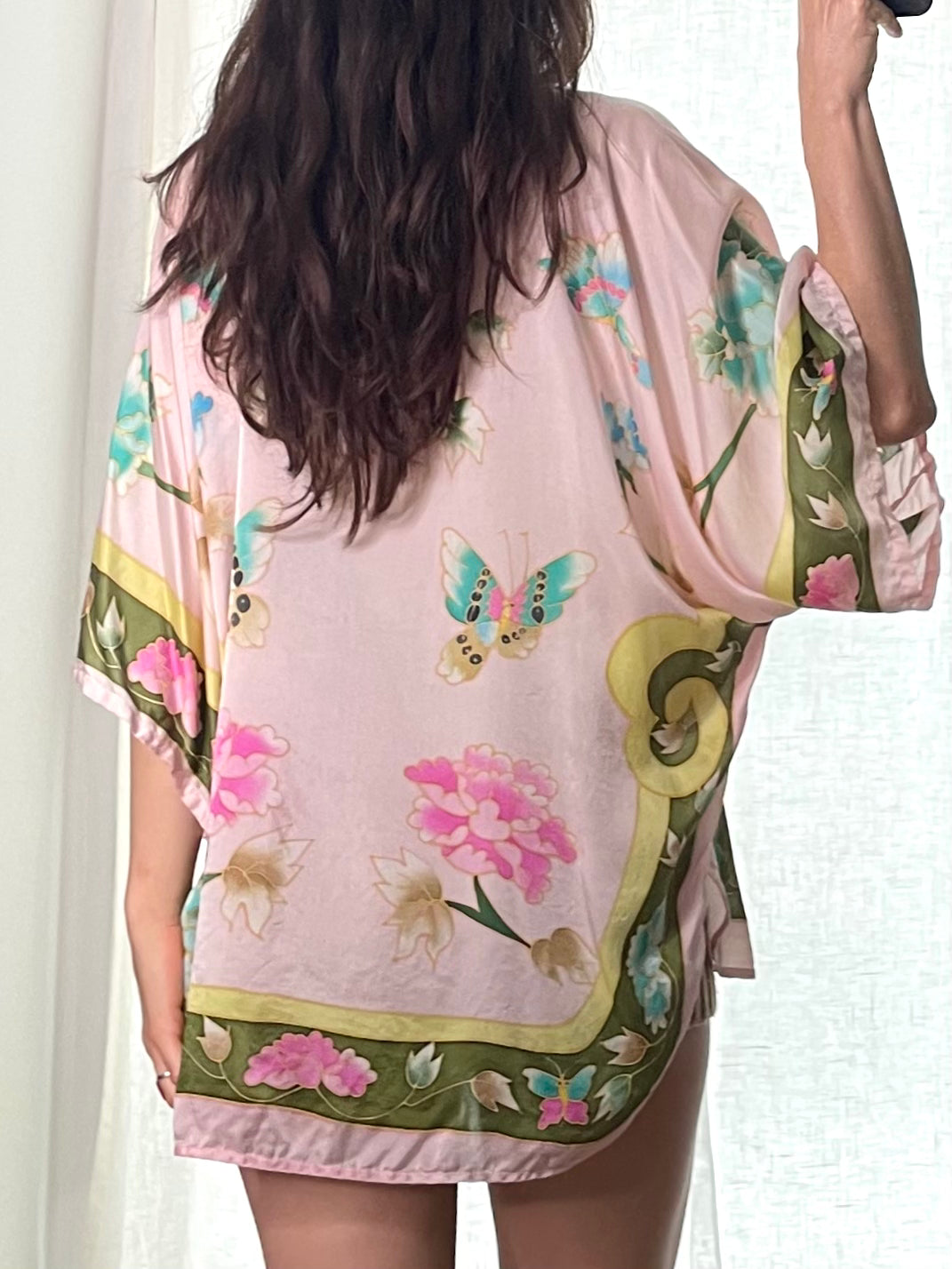 Vintage Silk Pastel Pink Butterflies & Flowers Tunic Top M
