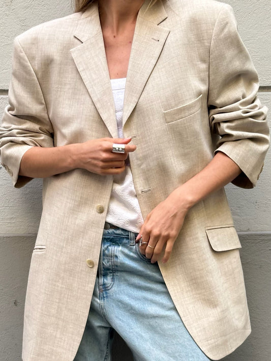 Vintage Linen Blend Oatmeal Beige Blazer Jacket XL