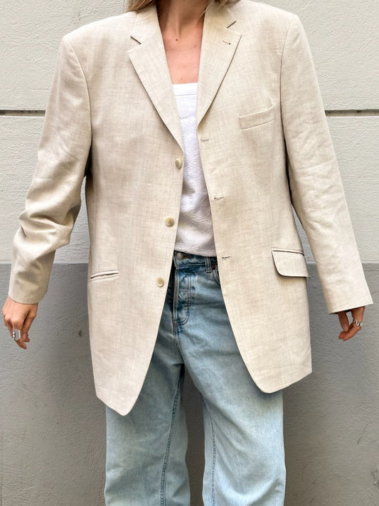 Vintage Linen Blend Oatmeal Beige Blazer Jacket XL