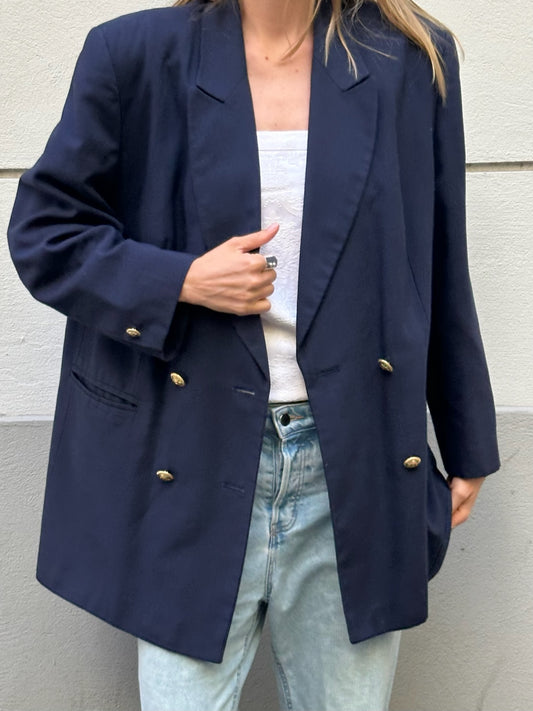 Vintage Viscose Blend Navy Blue Oversized Blazer Jacket XL