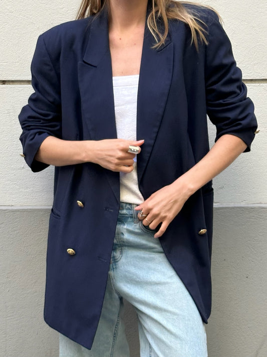 Vintage Viscose Blend Navy Blue Oversized Blazer Jacket XL