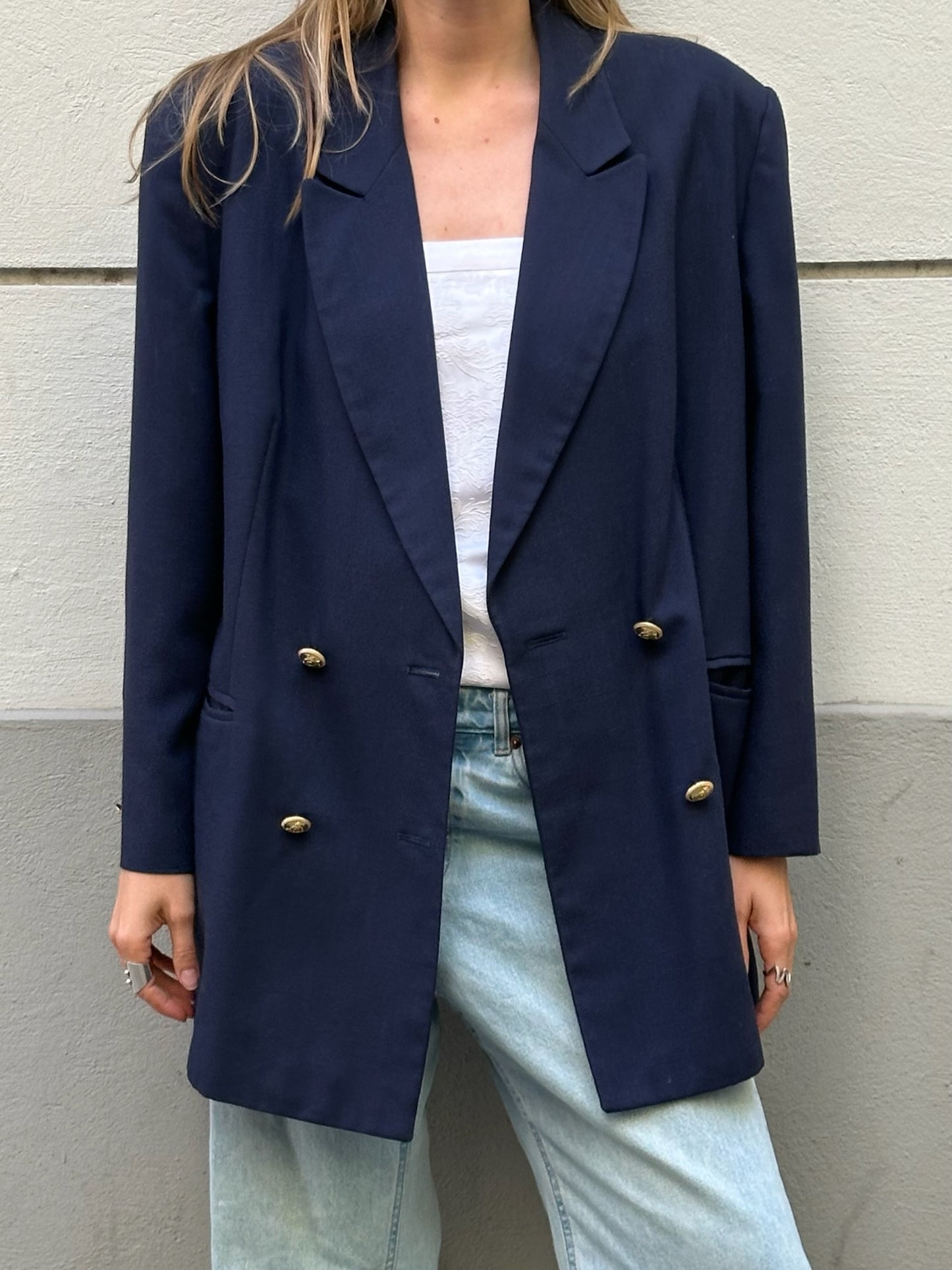 Vintage Viscose Blend Navy Blue Oversized Blazer Jacket XL