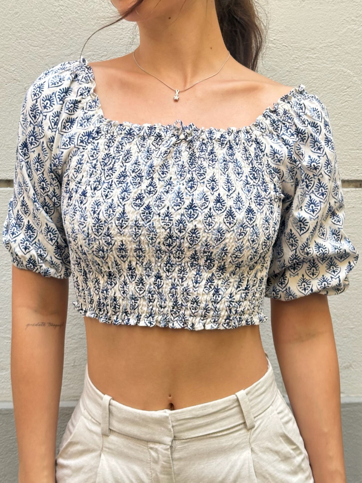 Blue & White Printed Ruched Top XS/S