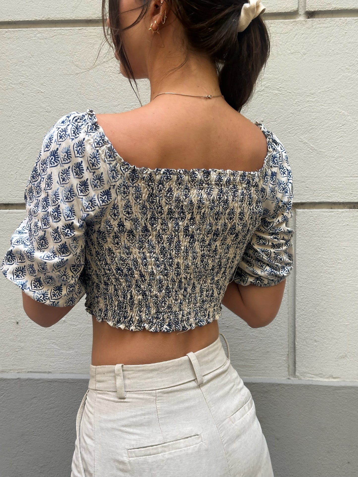 Blue & White Printed Ruched Top XS/S