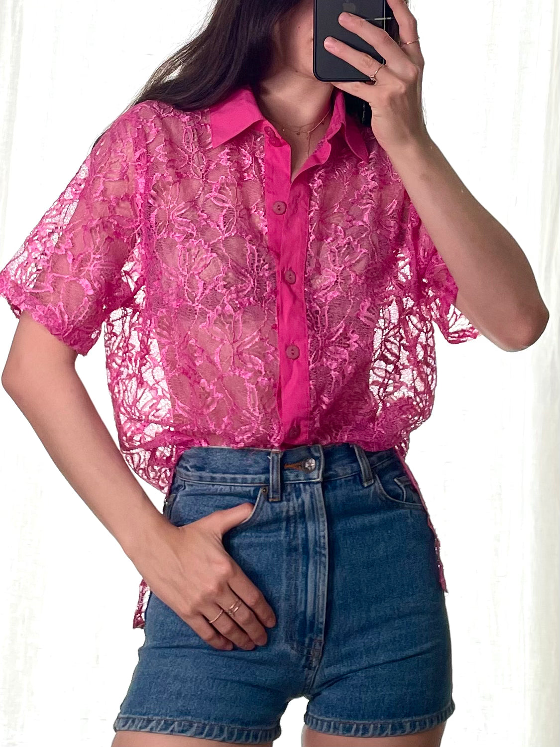Vintage Hot Pink Lace Button Down Blouse M