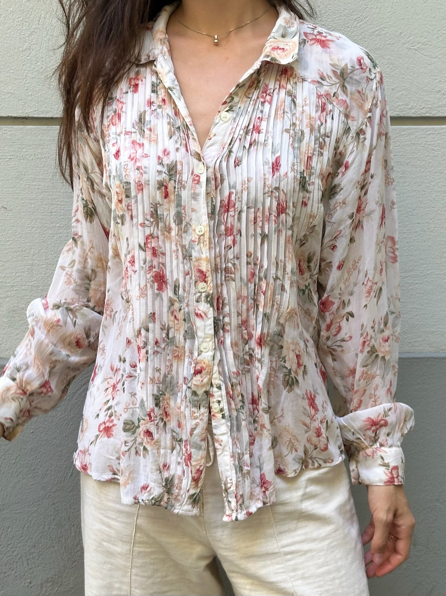 Vintage 100% Viscose Floral White Button Down Blouse M