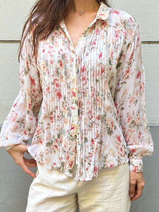 Vintage 100% Viscose Floral White Button Down Blouse M