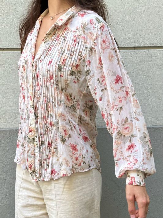 Vintage 100% Viscose Floral White Button Down Blouse M