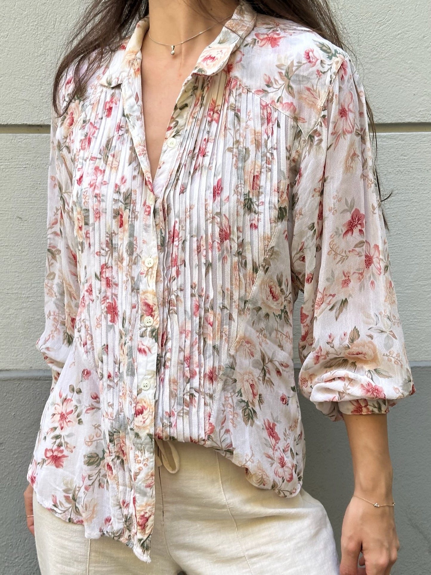 Vintage 100% Viscose Floral White Button Down Blouse M