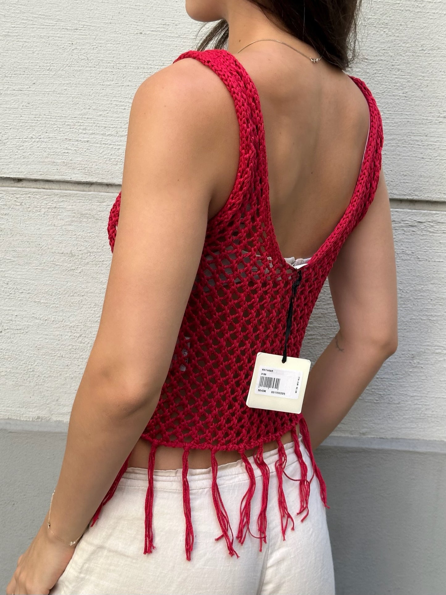 Bright Red Crochet Fringe Tassel Crop Top S/M
