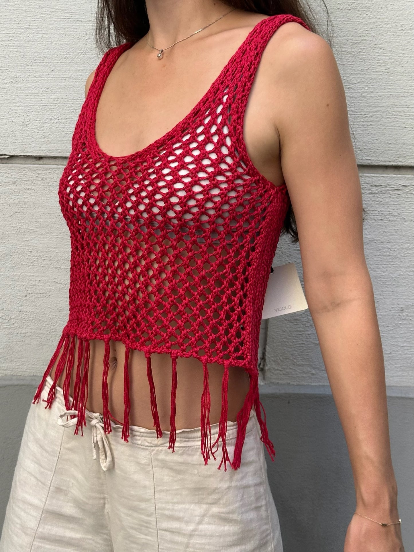 Bright Red Crochet Fringe Tassel Crop Top S/M