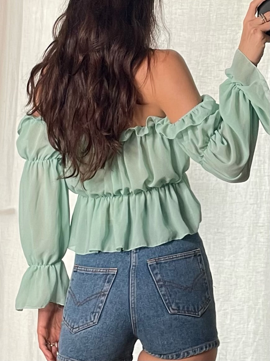 Light Turquoise Off The Shoulder Crop Blouse S