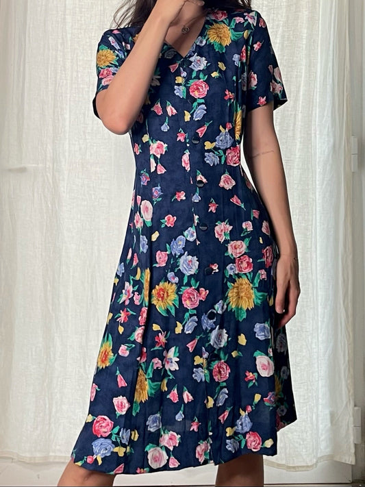 Vintage 100% Viscose Navy Floral Midi Dress M