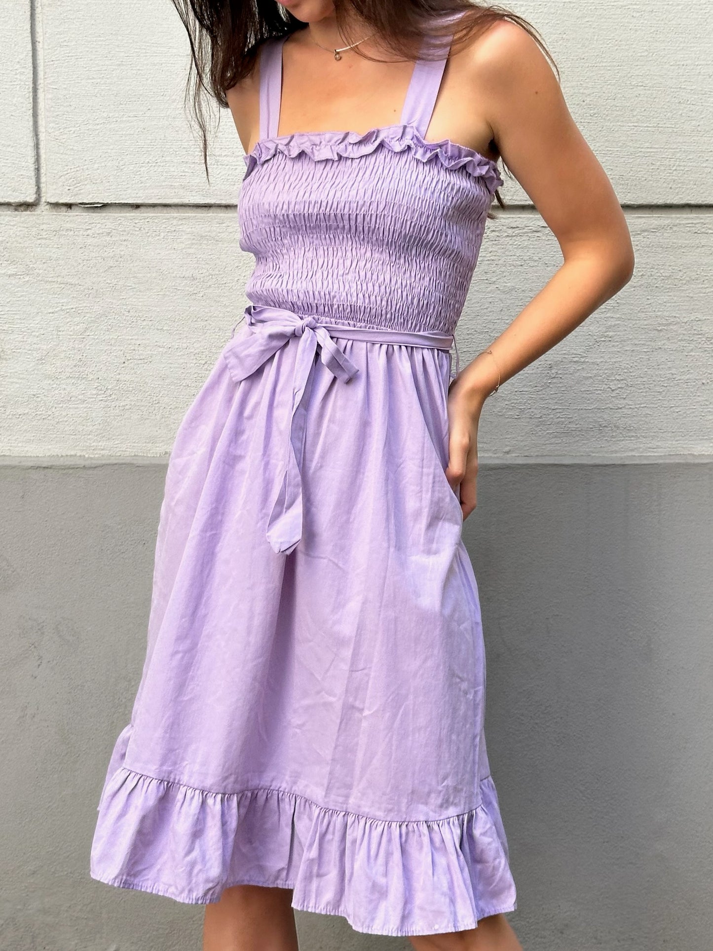 Ruched Lavender Midi Belted Dress S/M