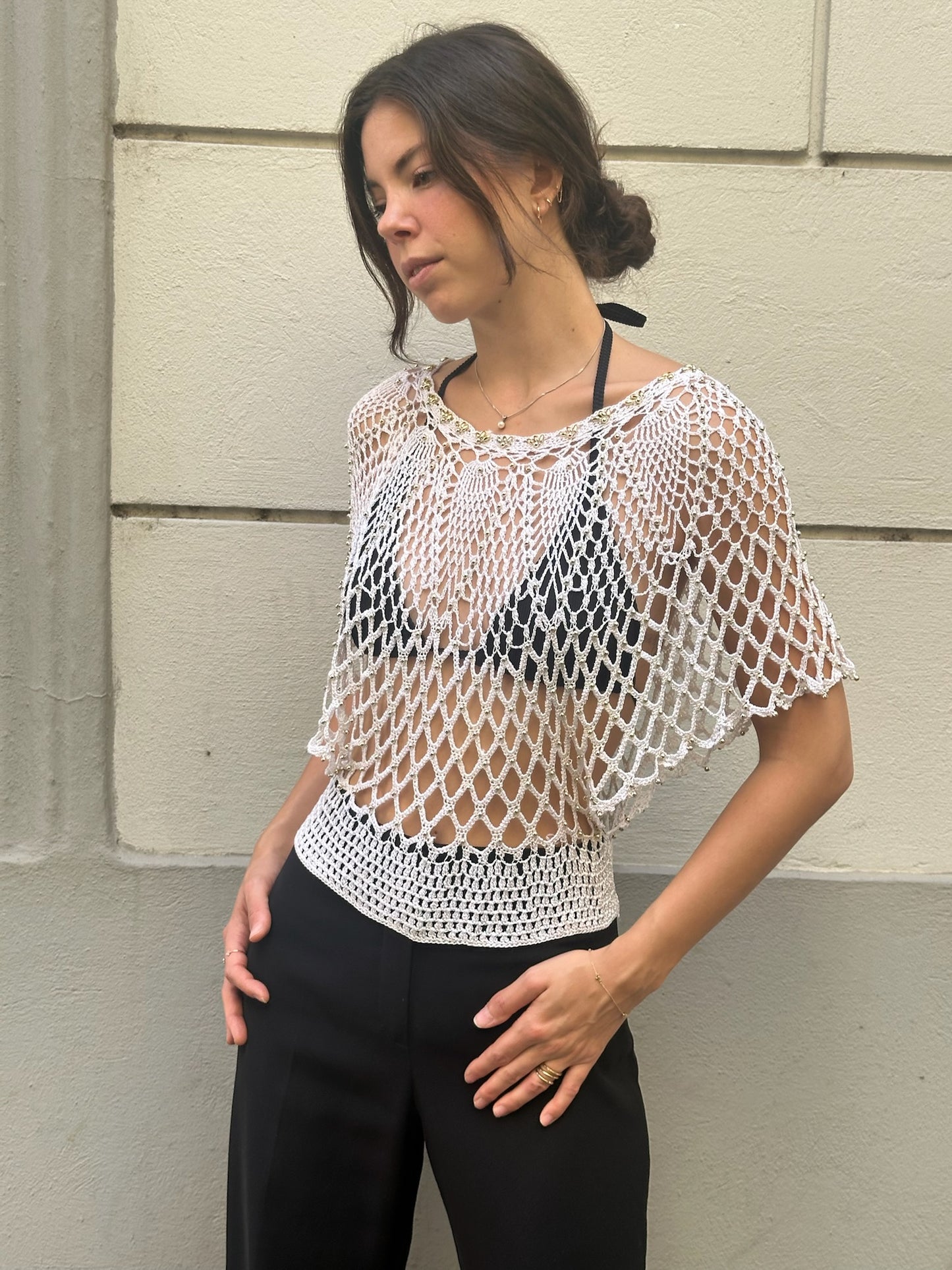 Vintage White Knitted Rayon Gold Beaded Crochet Top M