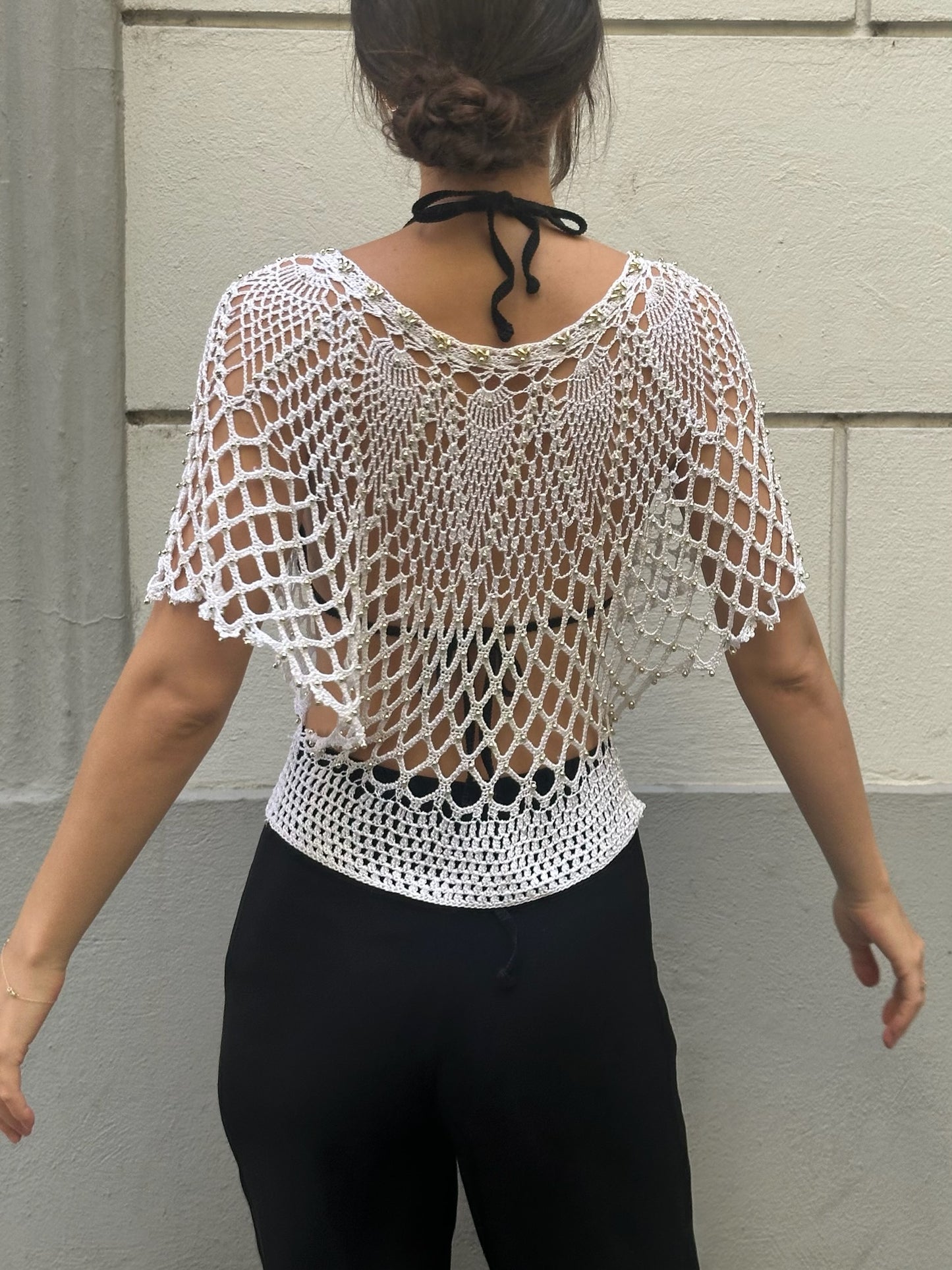 Vintage White Knitted Rayon Gold Beaded Crochet Top M