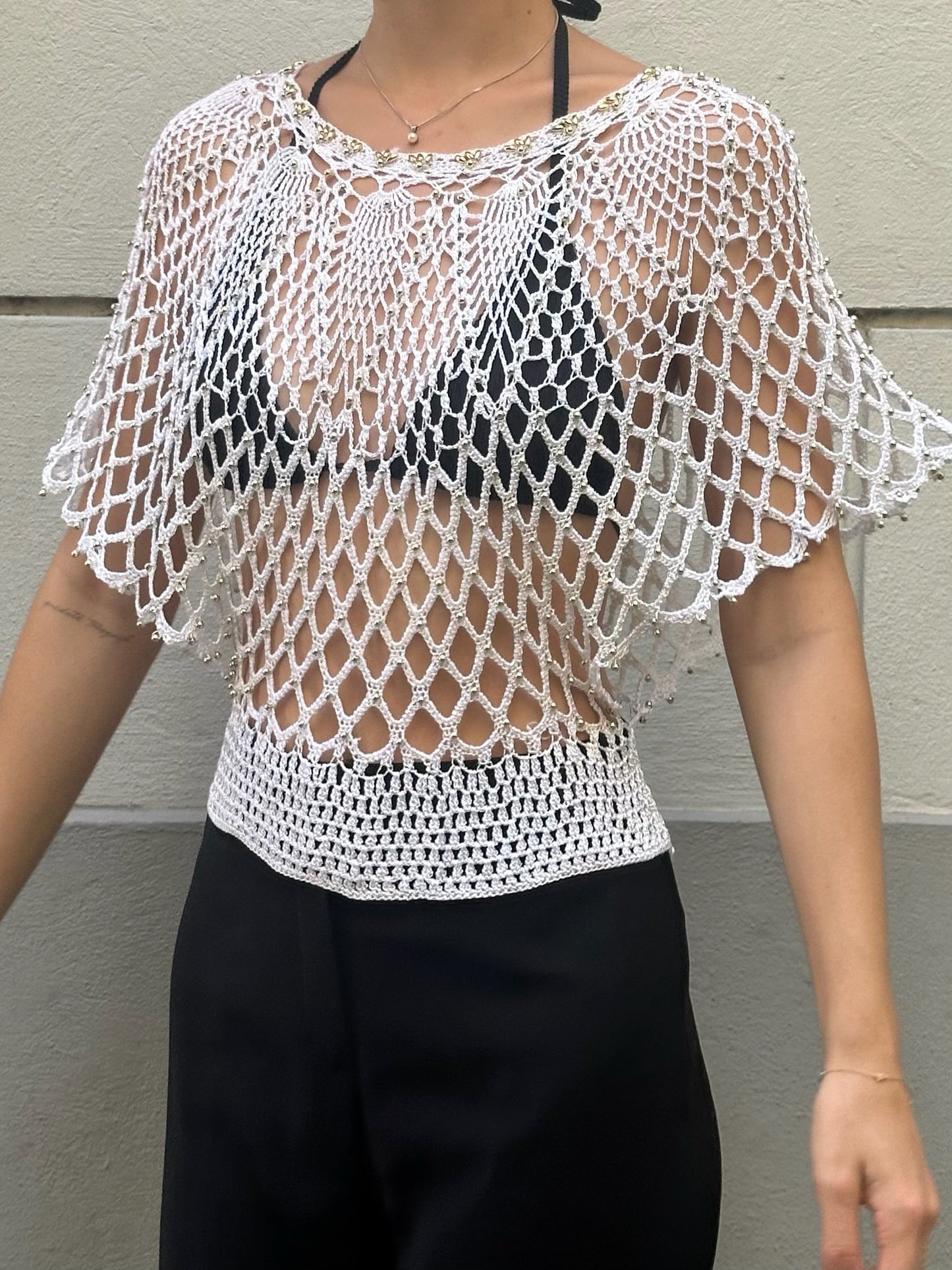 Vintage White Knitted Rayon Gold Beaded Crochet Top M
