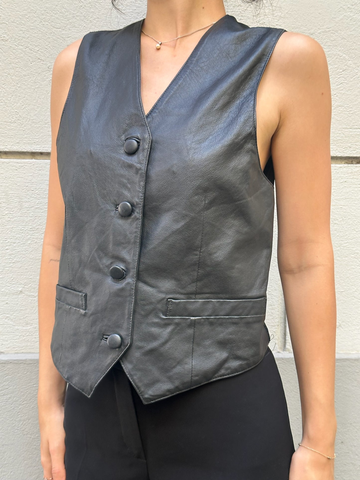 Vintage 100% Genuine Leather Black Gilet/Vest S/M