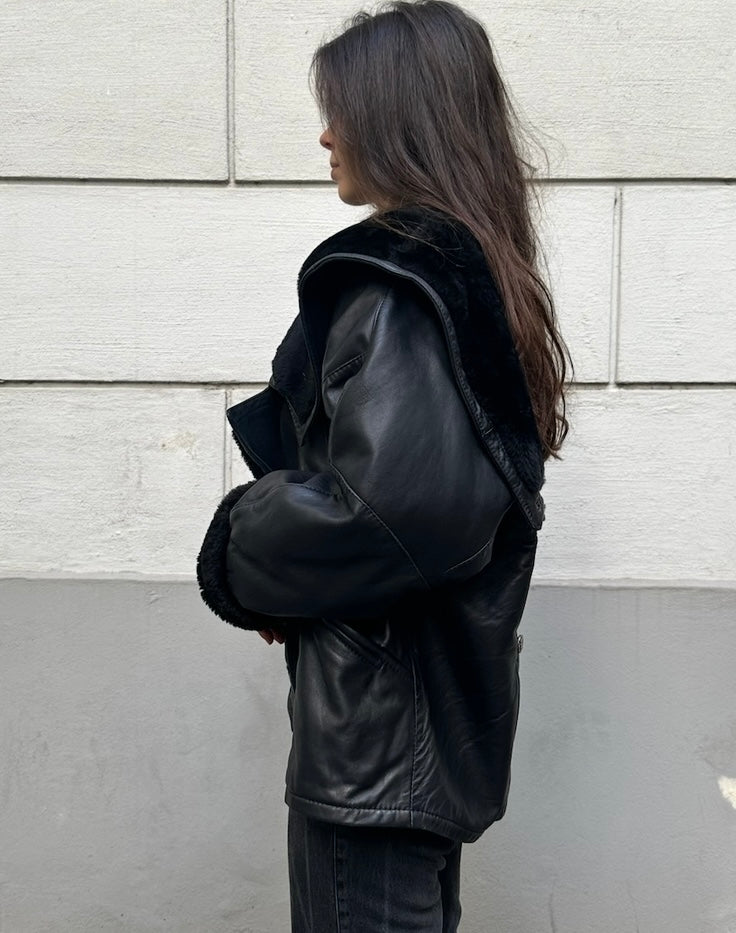 Vintage Black Short 100% Genuine Shearling & Leather Jacket M