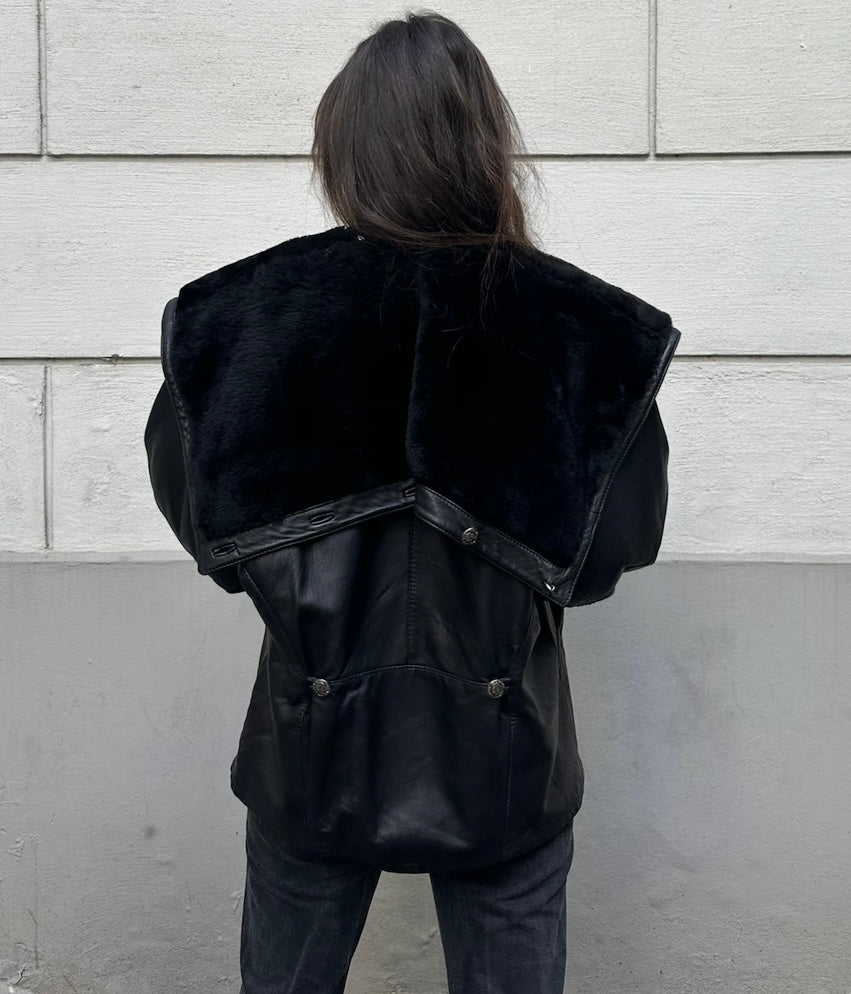 Vintage Black Short 100% Genuine Shearling & Leather Jacket M