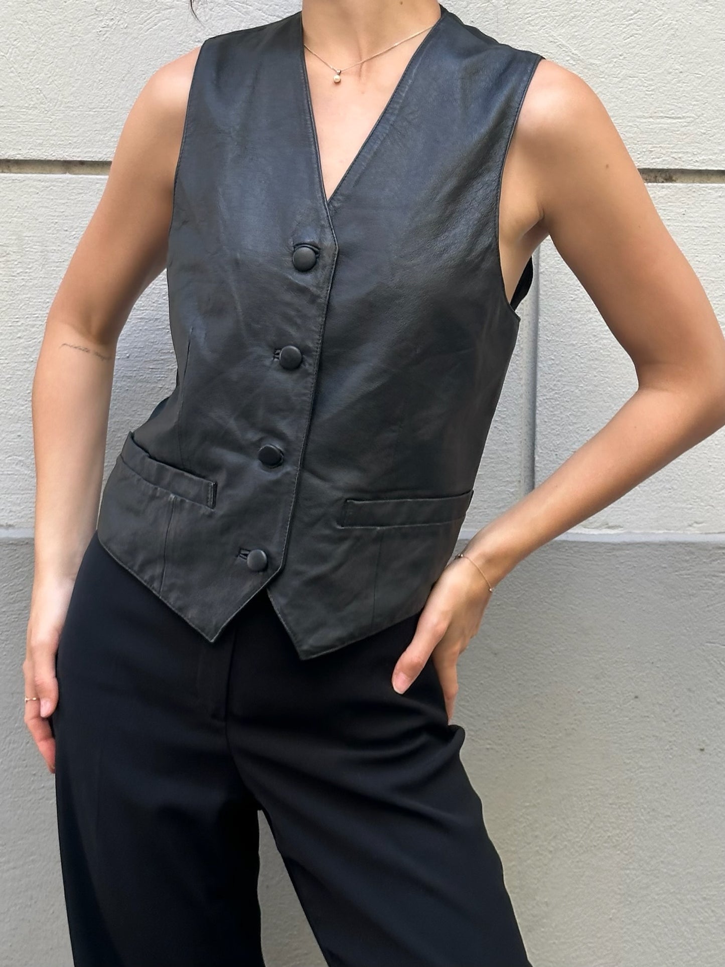Vintage 100% Genuine Leather Black Gilet/Vest S/M