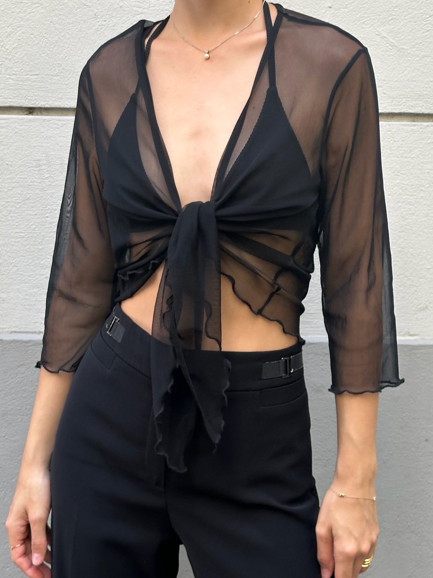 Black Mesh Tie Front Top One Size