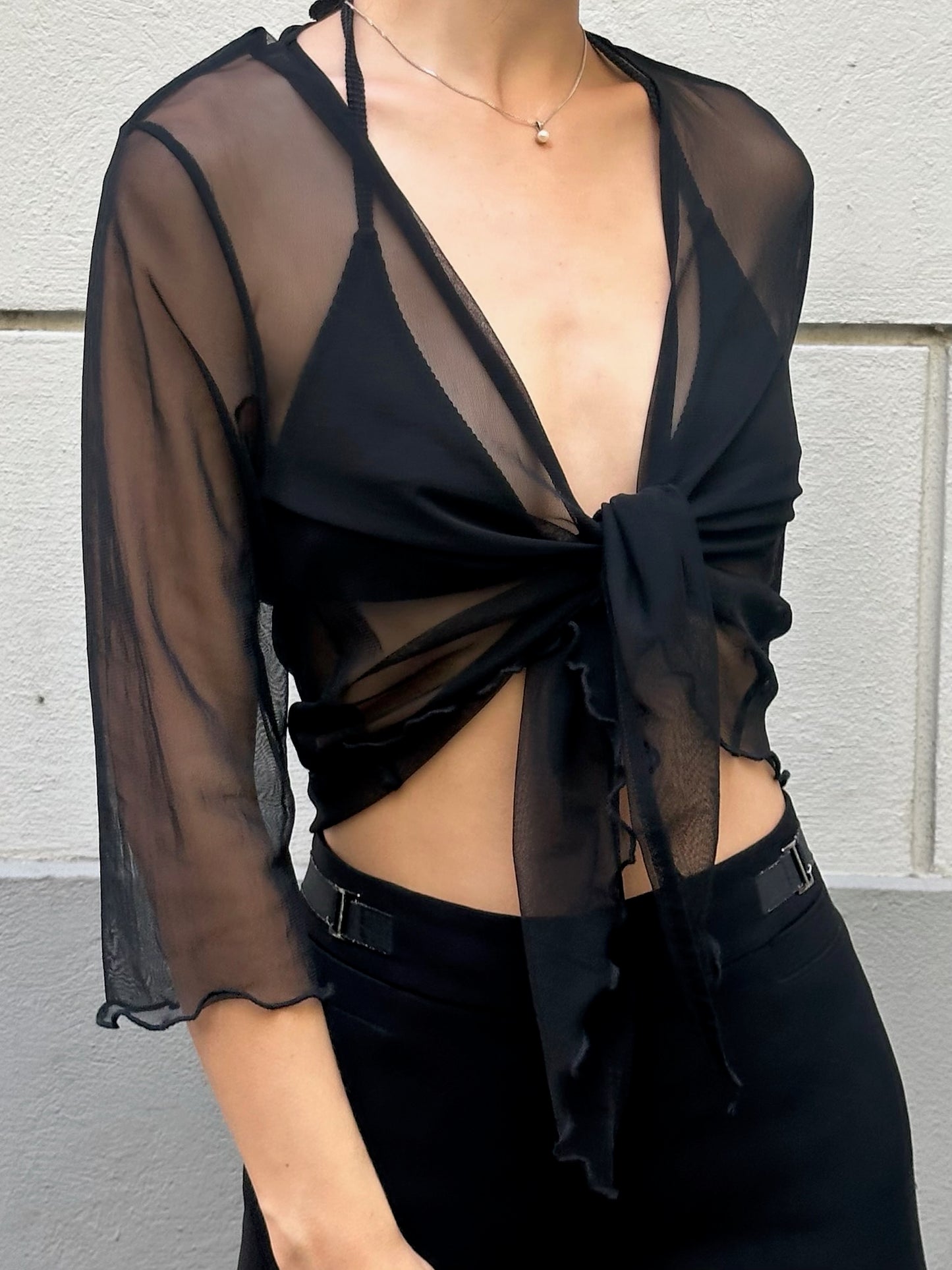 Black Mesh Tie Front Top One Size