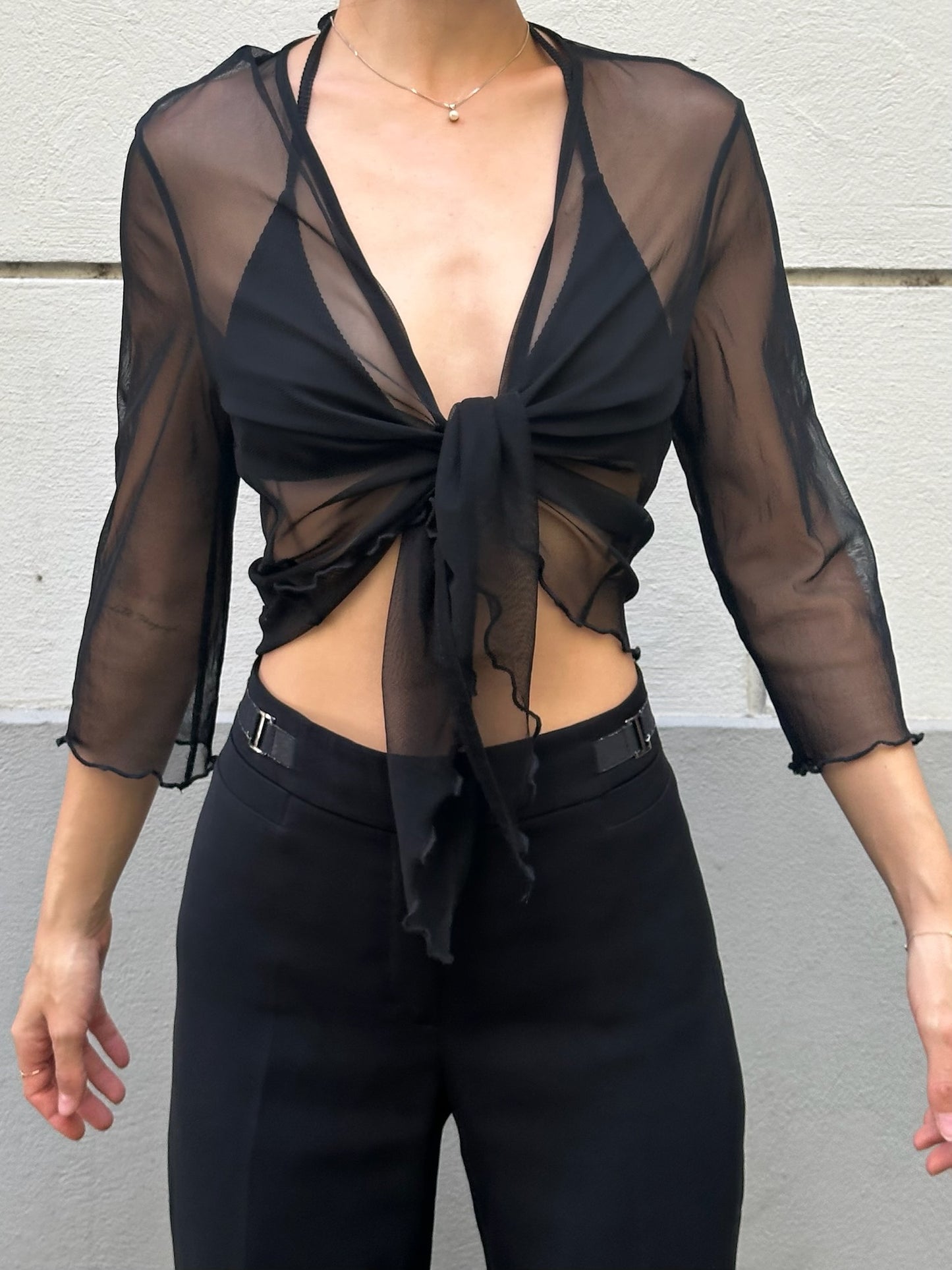 Black Mesh Tie Front Top One Size