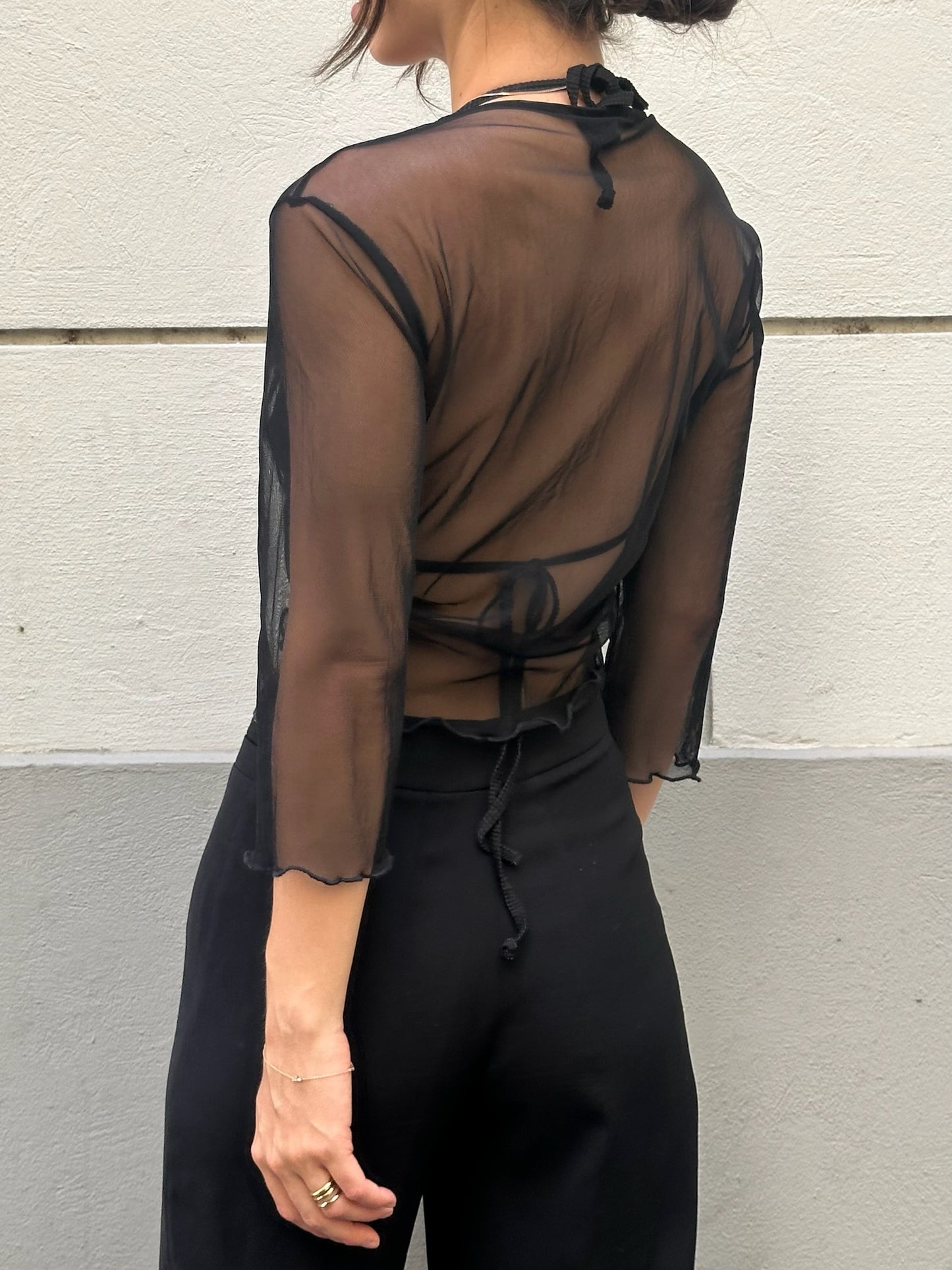 Black Mesh Tie Front Top One Size