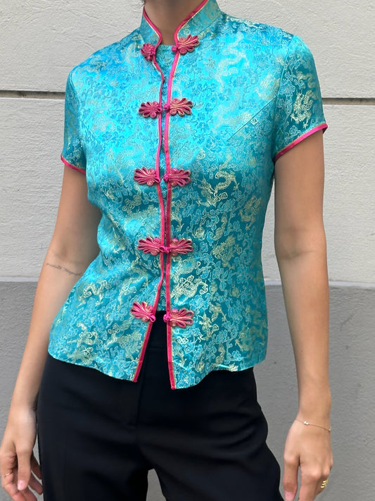 Vintage Asian/Oriental Turquoise & Red Blouse S
