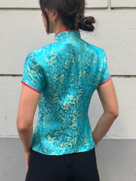 Vintage Asian/Oriental Turquoise & Red Blouse S