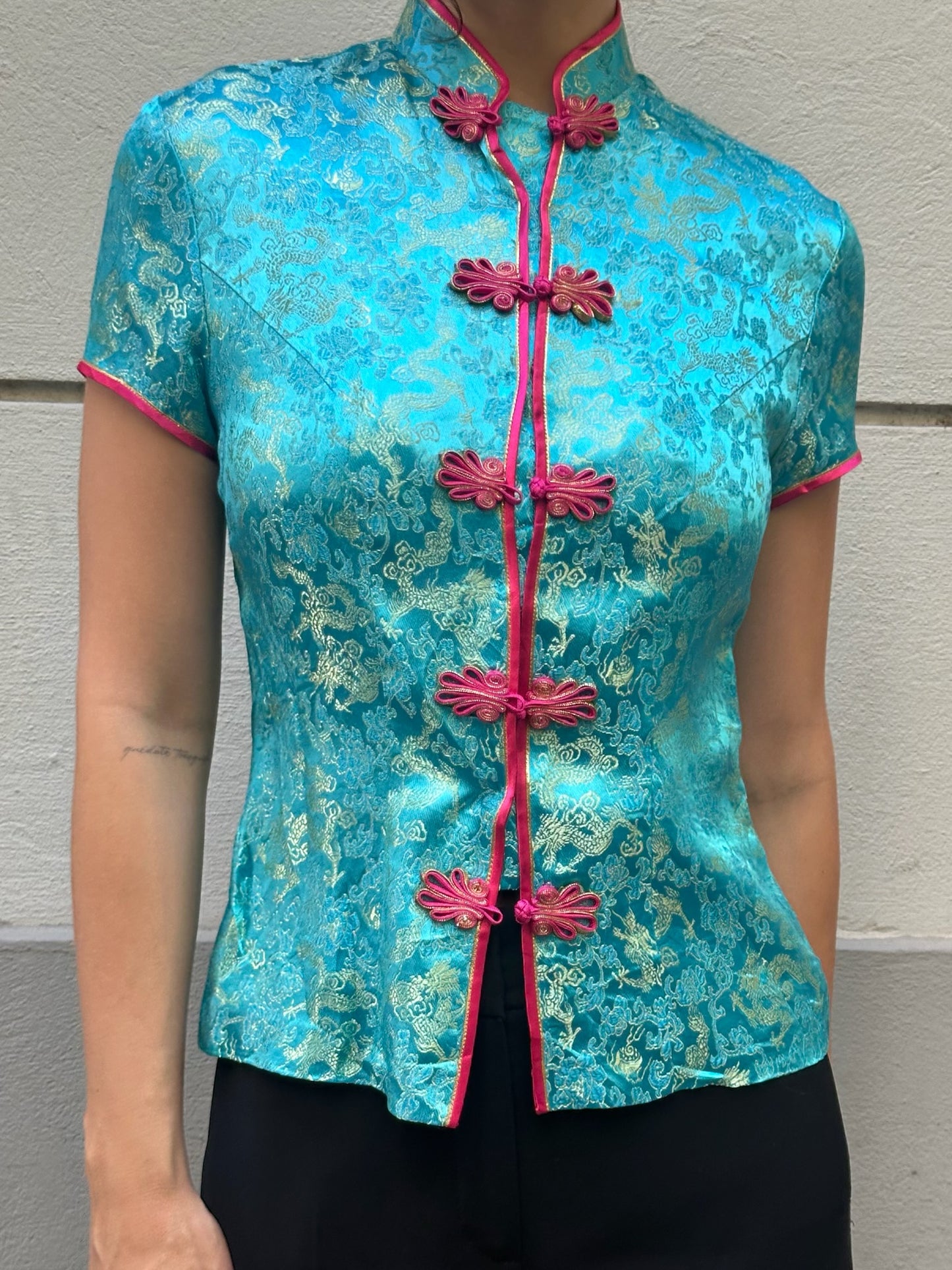 Vintage Asian/Oriental Turquoise & Red Blouse S