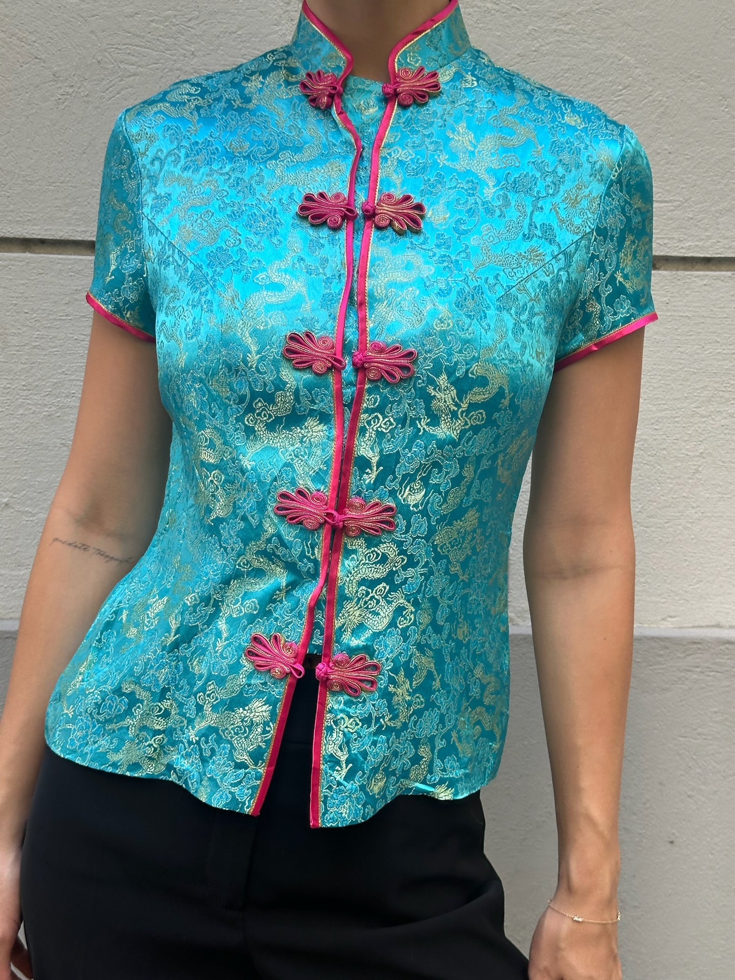 Vintage Asian/Oriental Turquoise & Red Blouse S