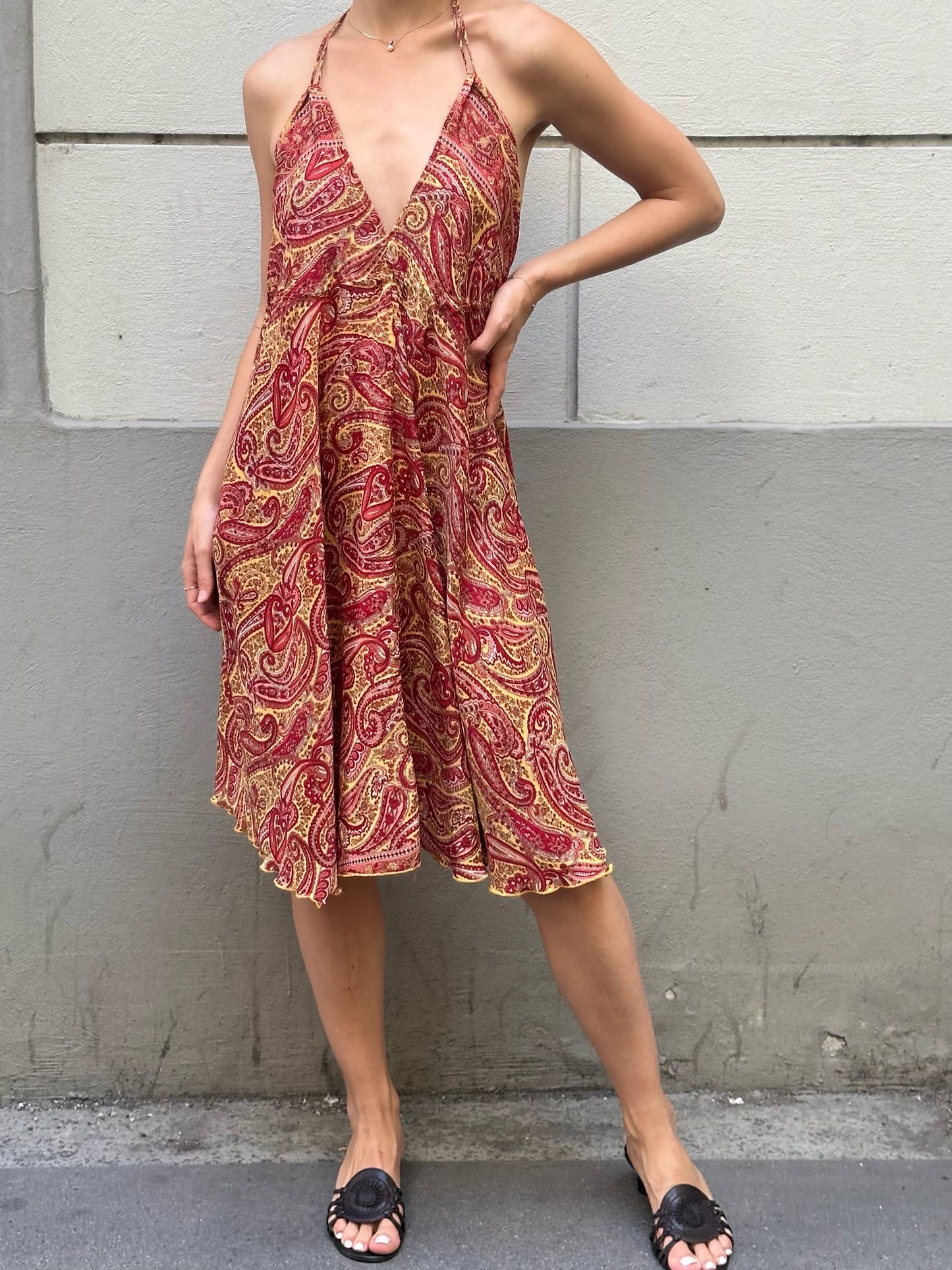 Paisley Low Back Knee Length Dress Red/Yellow S/M