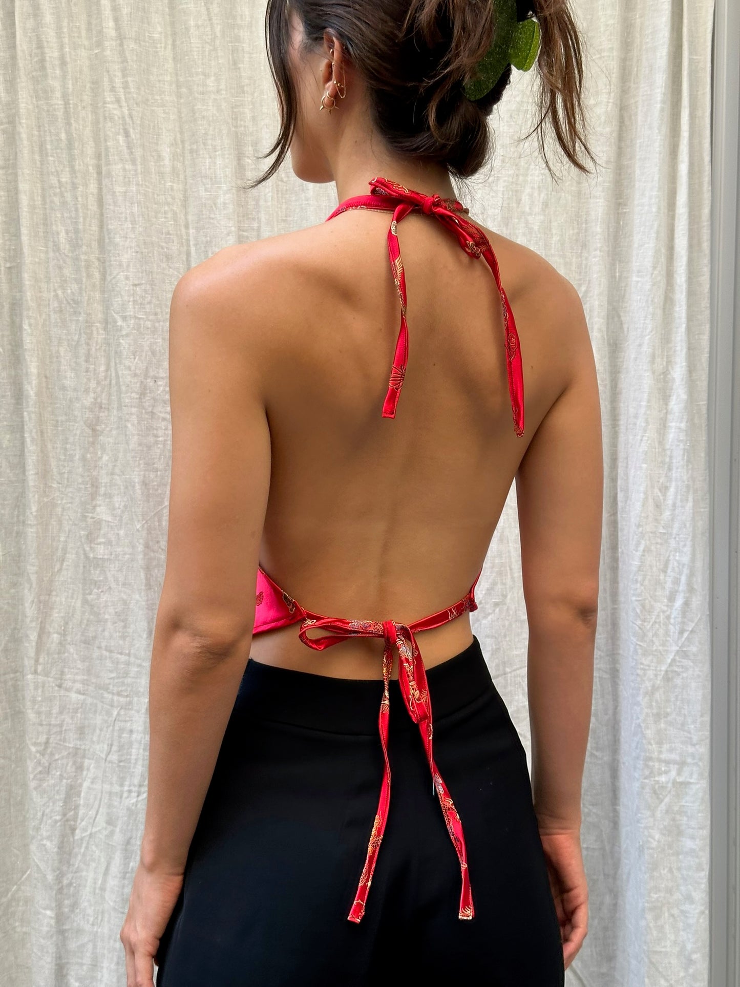 Vintage Upycled 100% Silk Asian/Oriental Halter Top Red XS/S
