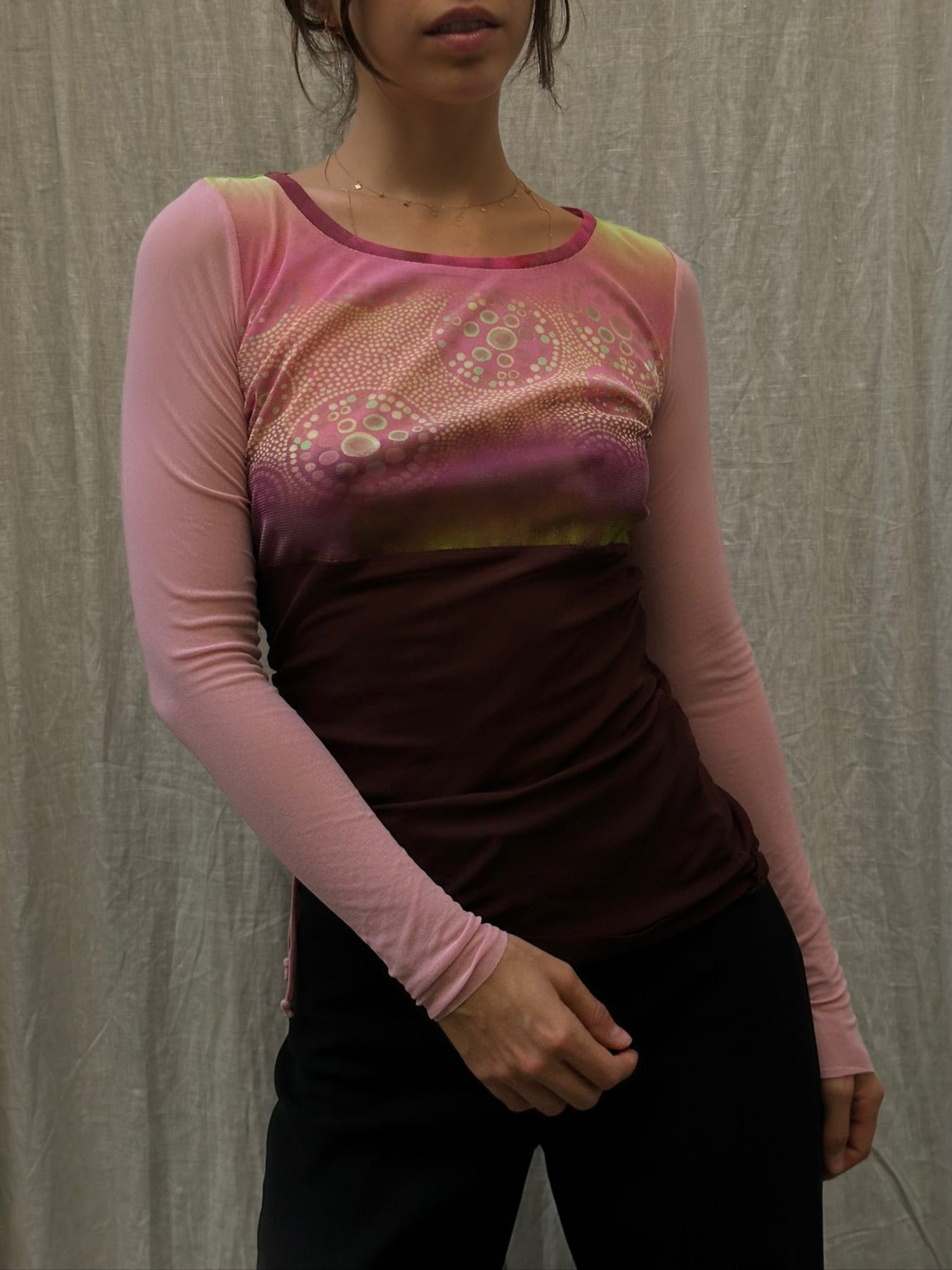 Vintage Y2K Mesh Pink/Maroon Long Sleeve Top S