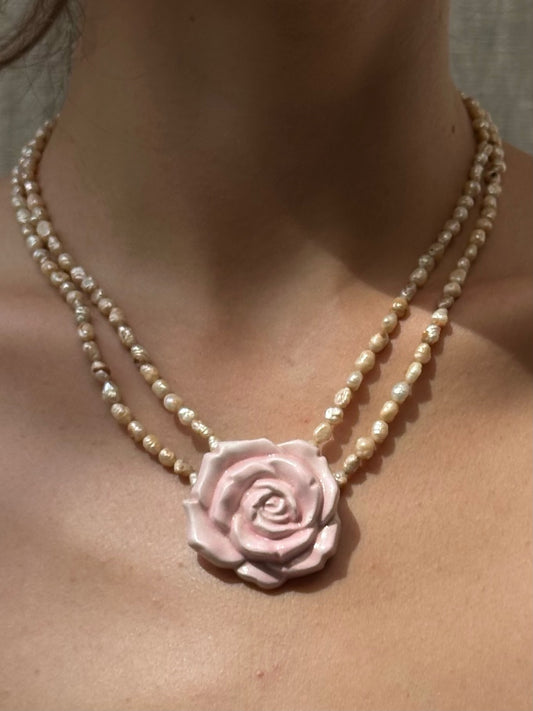 Vintage Light Pink Water Pearl Necklace With Floral Brooch