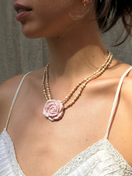Vintage Light Pink Water Pearl Necklace With Floral Brooch