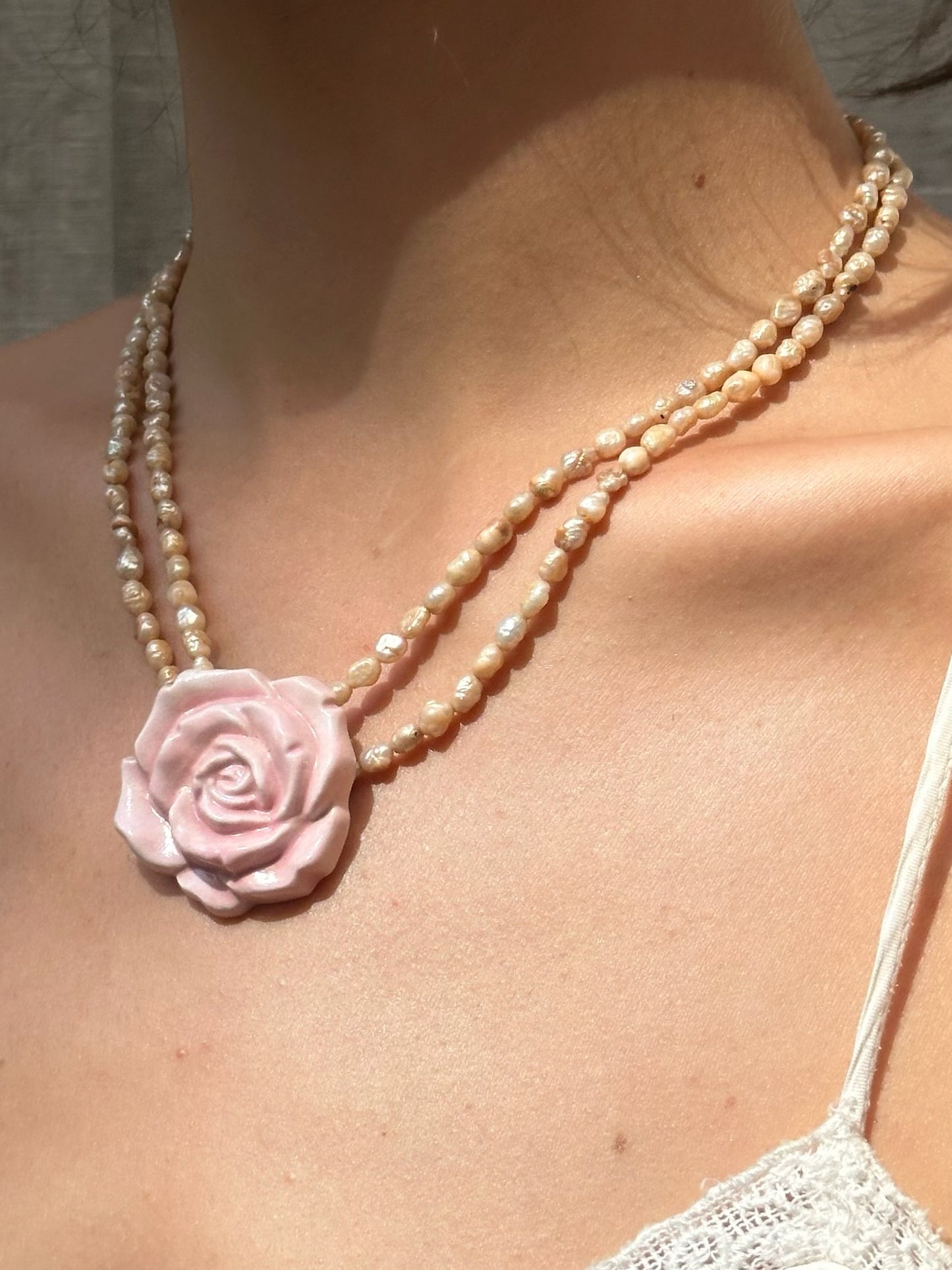 Vintage Light Pink Water Pearl Necklace With Floral Brooch