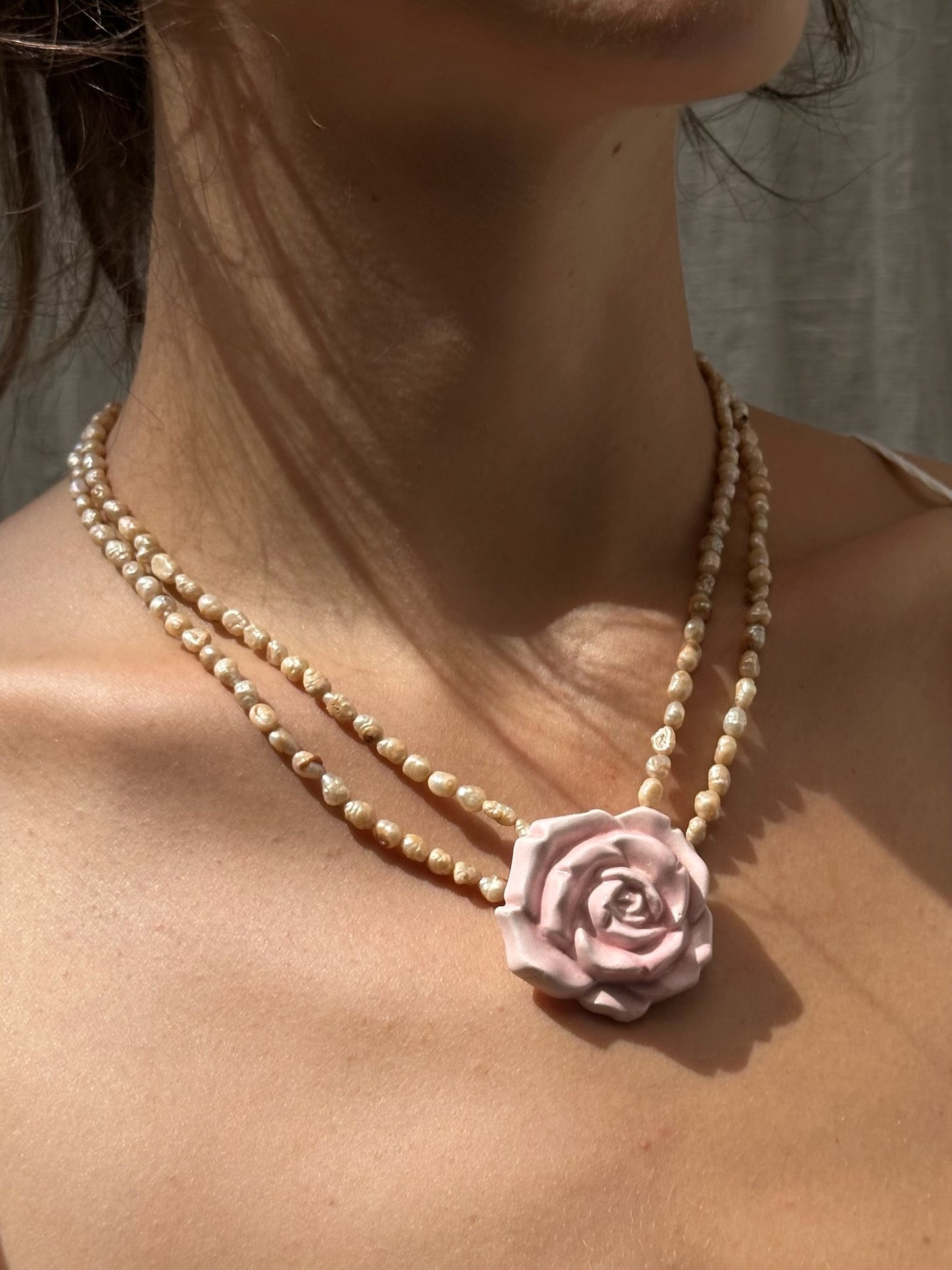 Vintage Light Pink Water Pearl Necklace With Floral Brooch