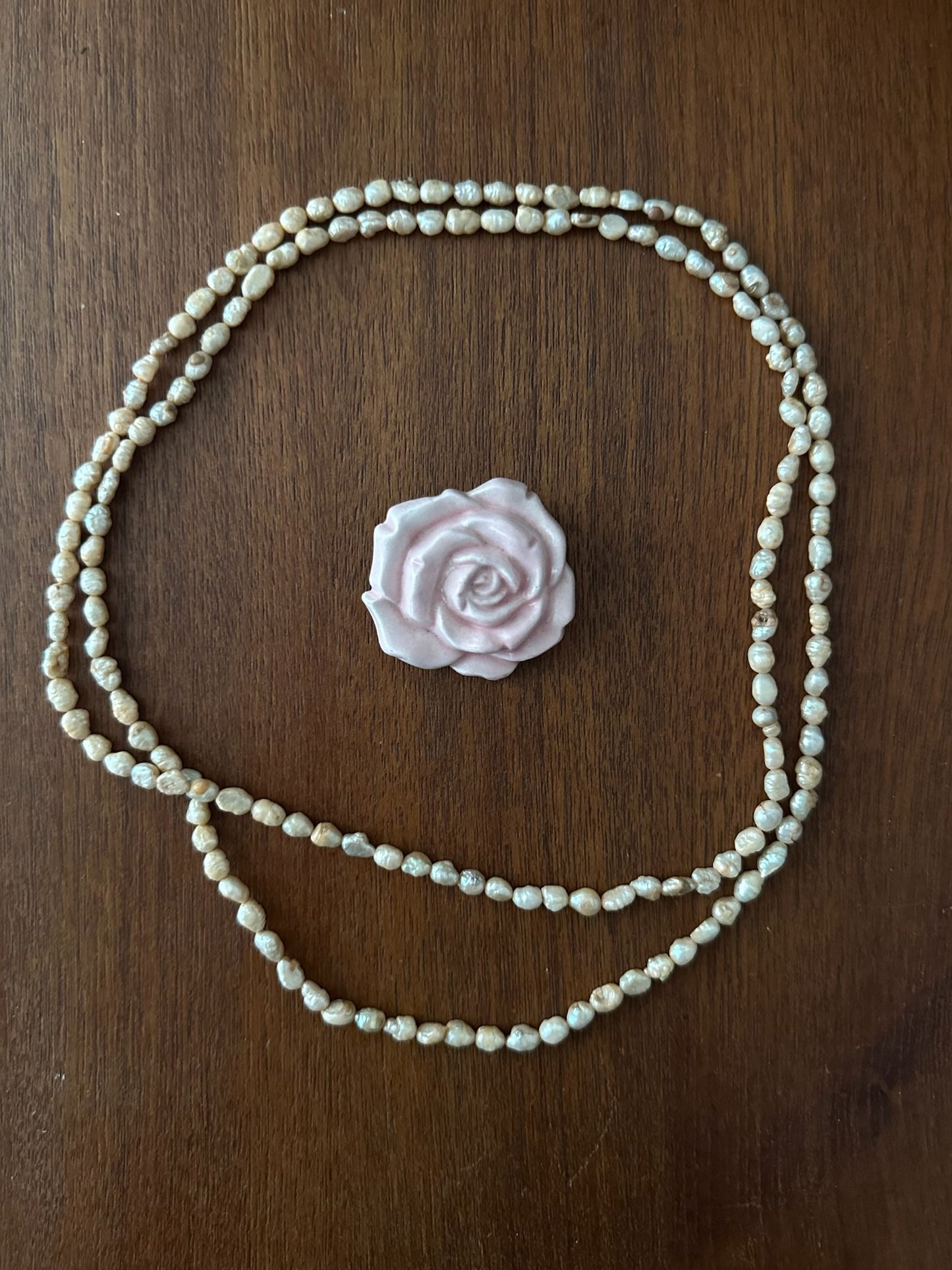 Vintage Light Pink Water Pearl Necklace With Floral Brooch
