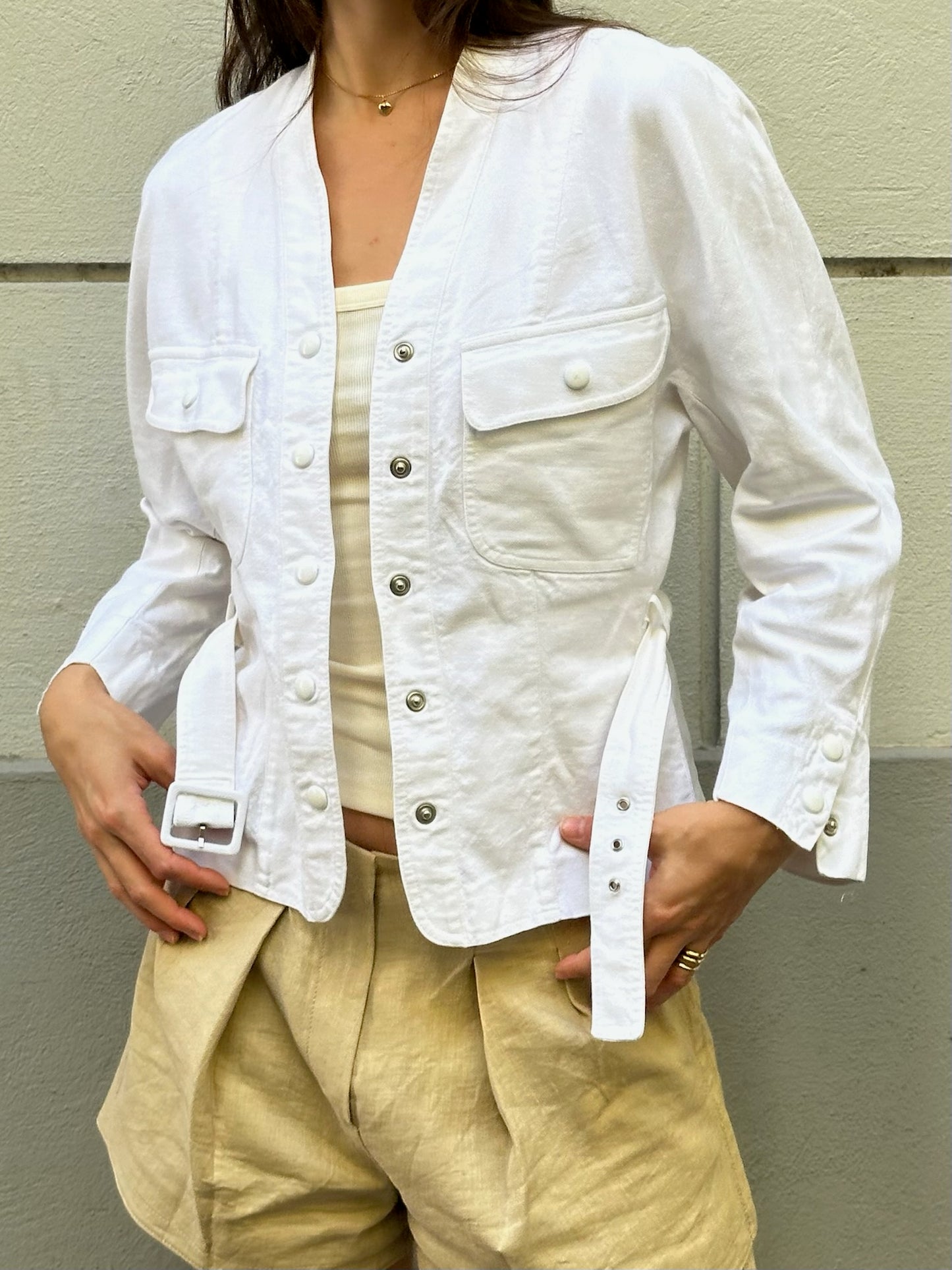 Vintage White Cotton Belted Jacket S