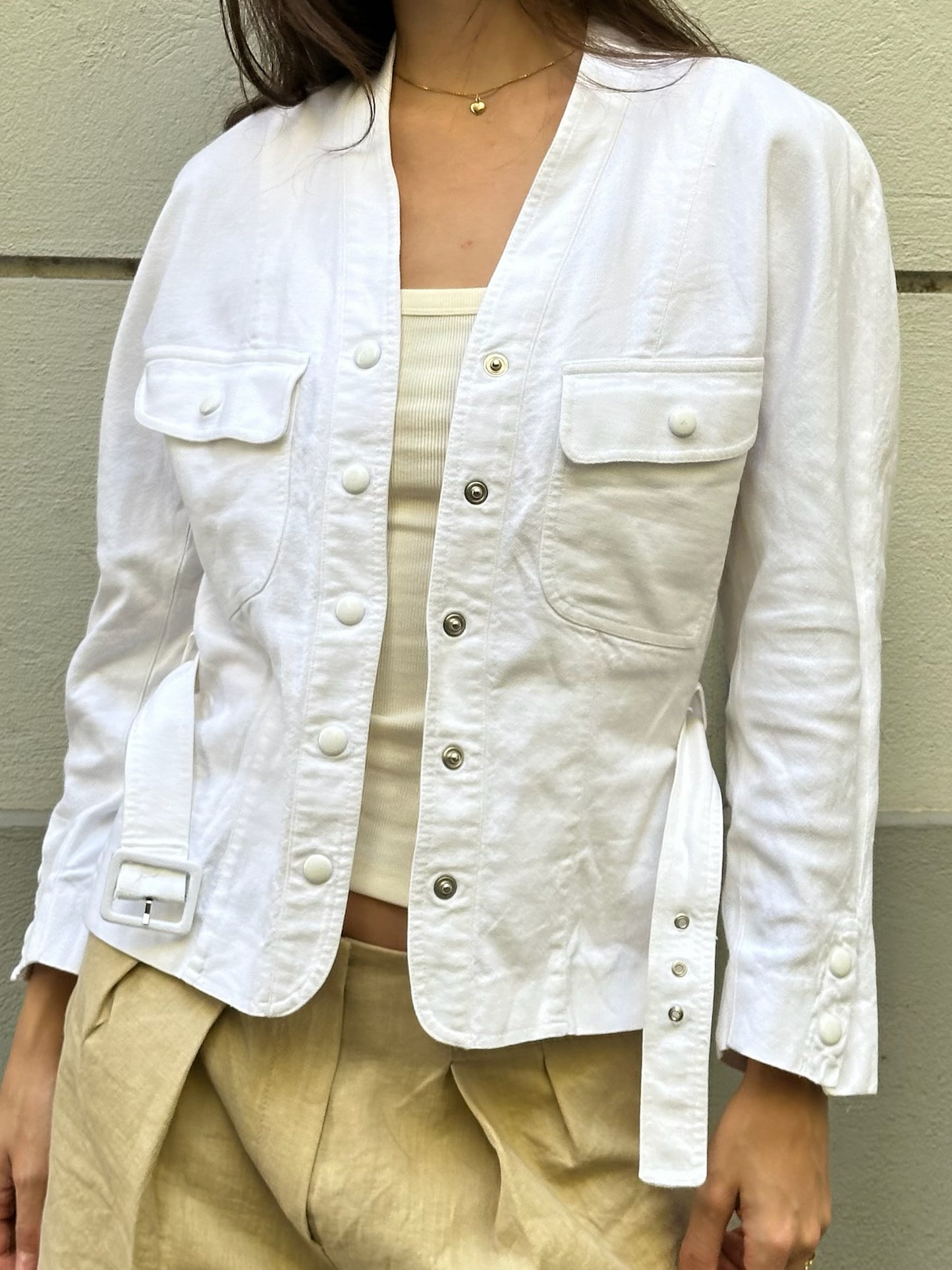 Vintage White Cotton Belted Jacket S