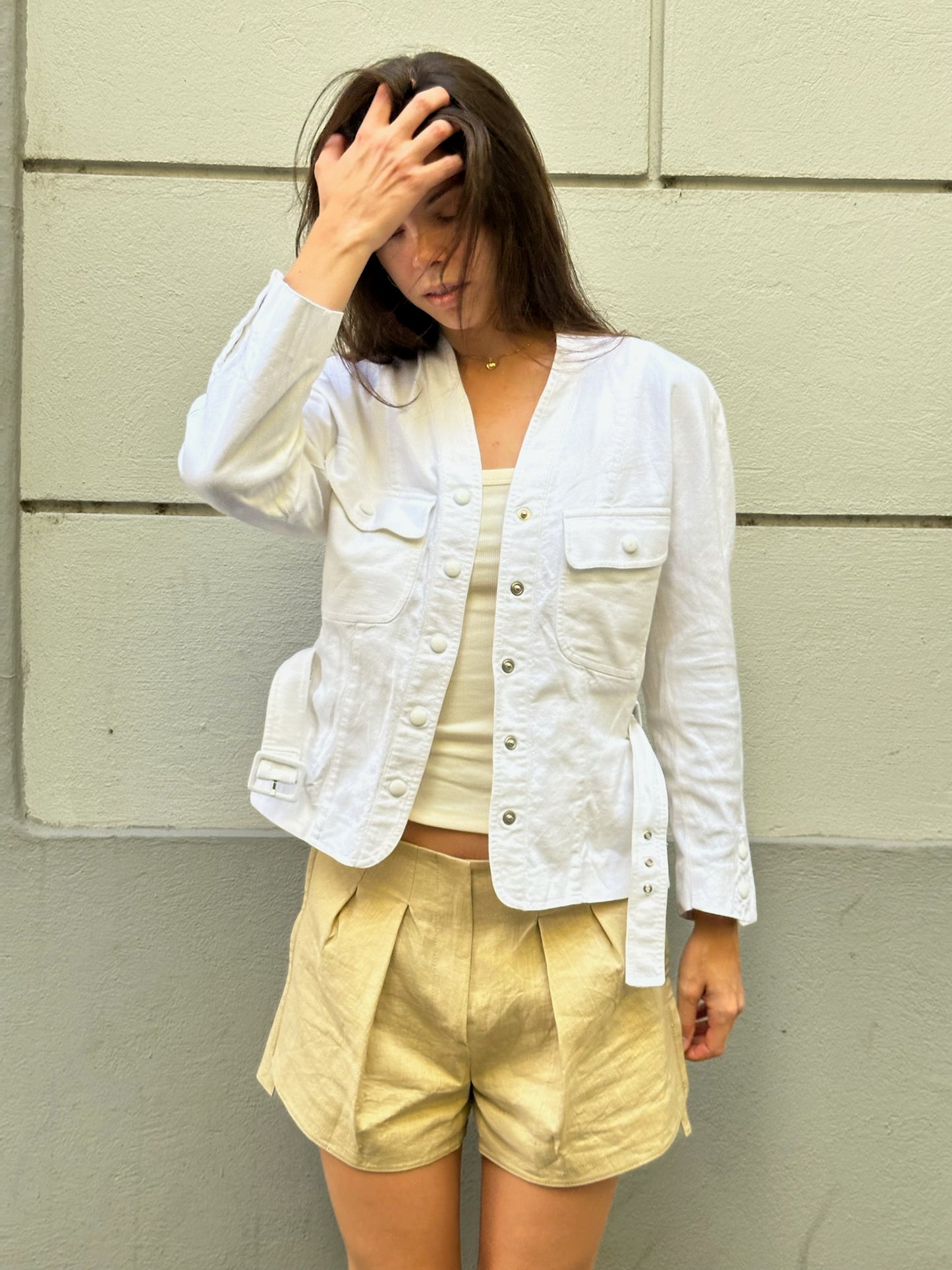Vintage White Cotton Belted Jacket S