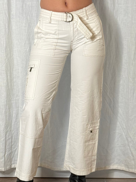 Vintage White 100% Cotton Fitted Cargo Trousers XS EU 34