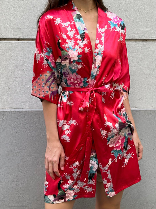 Vintage 100% Silk Red Asian/Oriental Silk Kimono Jacket Robe