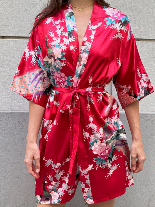 Vintage 100% Silk Red Asian/Oriental Silk Kimono Jacket Robe